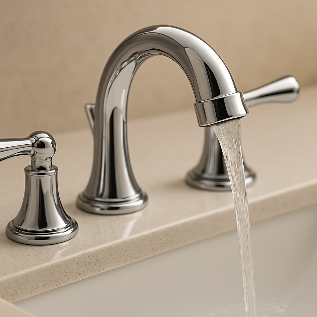 Close-up of a chrome three hole bathroom faucet showing spout and separate hot and cold handles